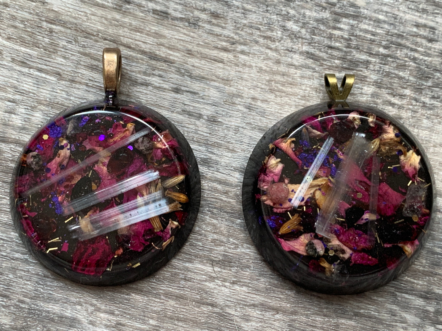 Dark Floral Orgonite Pendant with Roses, Garnet and Selenite 27" cord