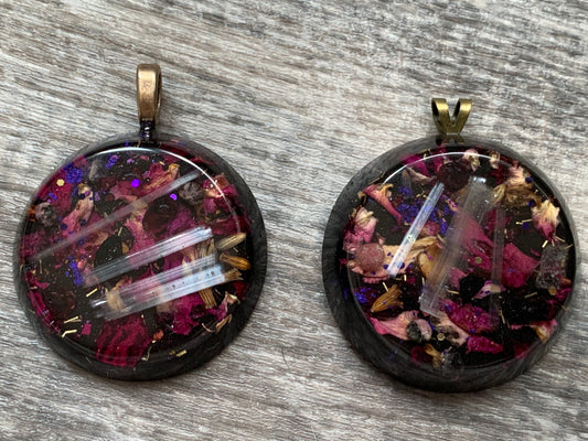 Dark Floral Orgonite Pendant with Roses, Garnet and Selenite 27" cord