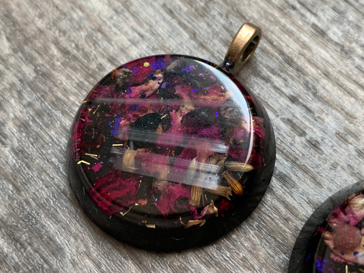Dark Floral Orgonite Pendant with Roses, Garnet and Selenite 27" cord