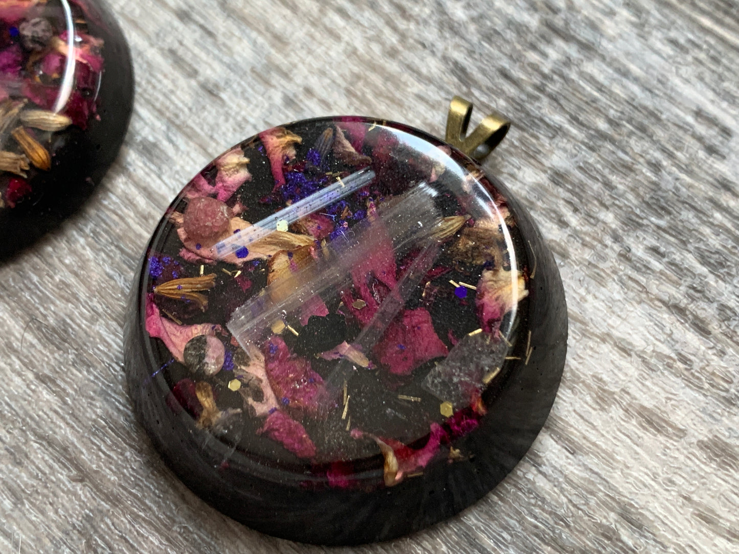 Dark Floral Orgonite Pendant with Roses, Garnet and Selenite 27" cord