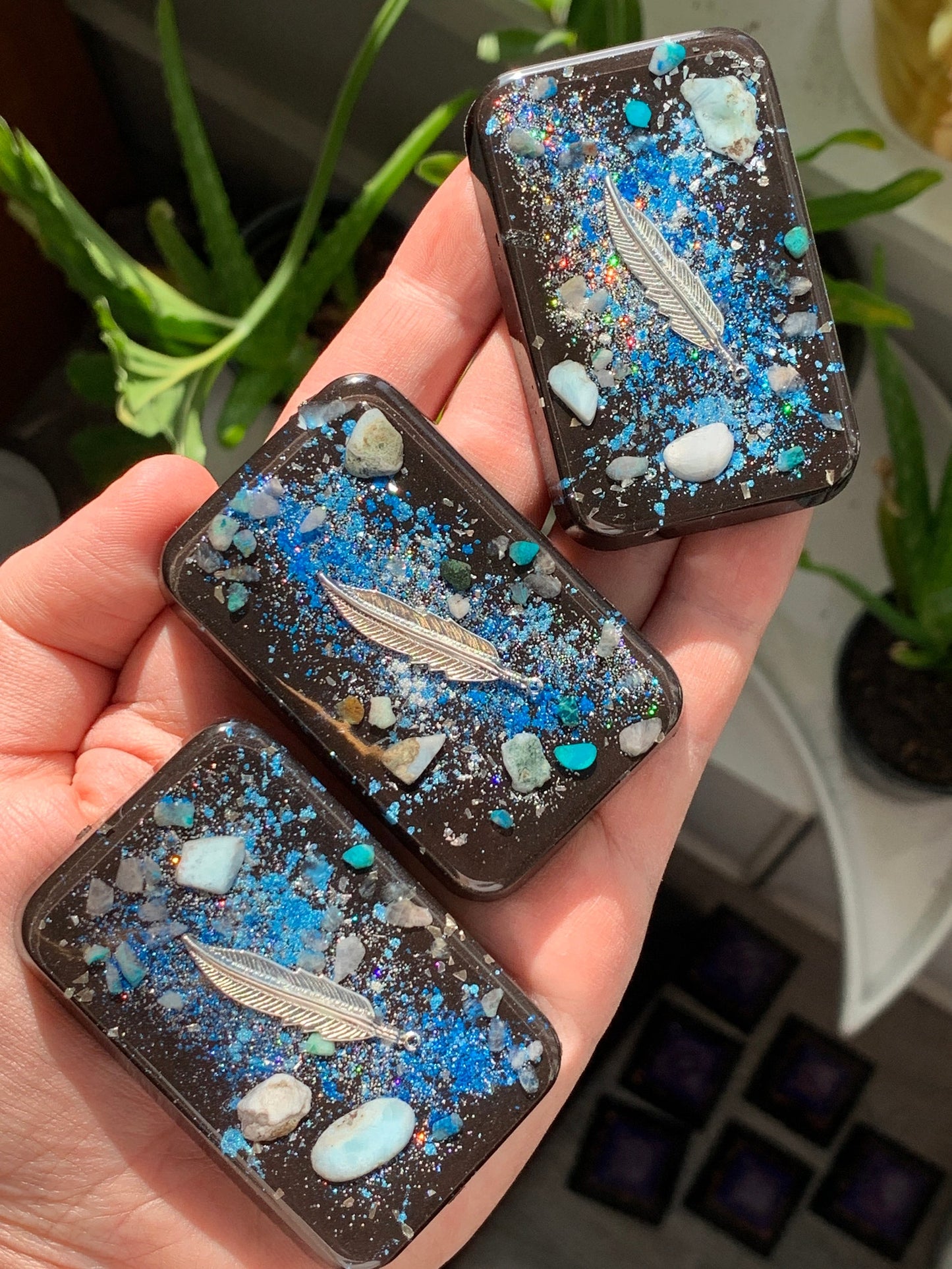 COSMIC SHAMAN'S FEATHER Orgonite® Cell Phone Emf Shield with Larimar, Chysocolla and Aquamarine - Orgone Generator®