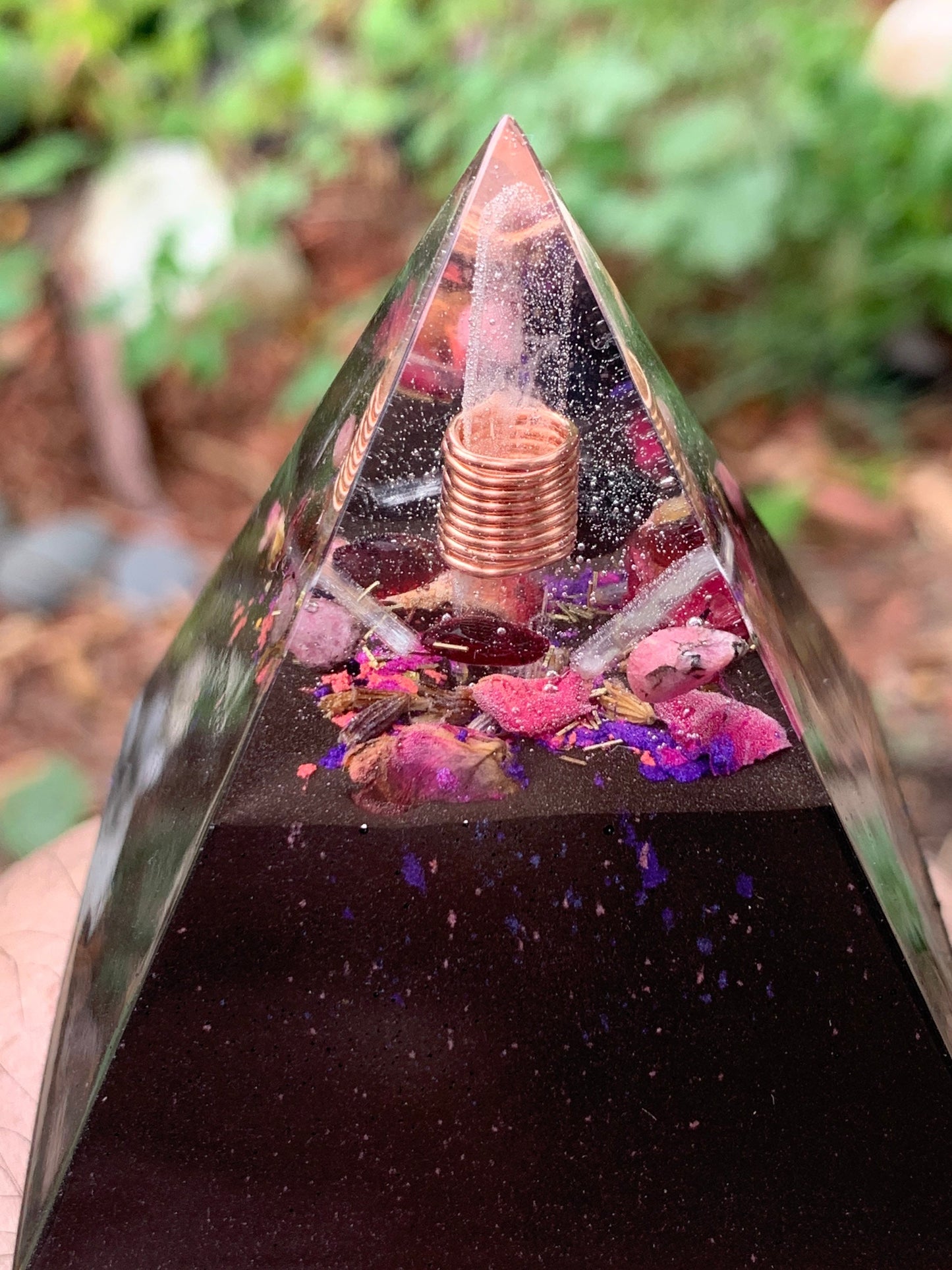 Orgonite® Pyramid with Selenite and Rose Petals