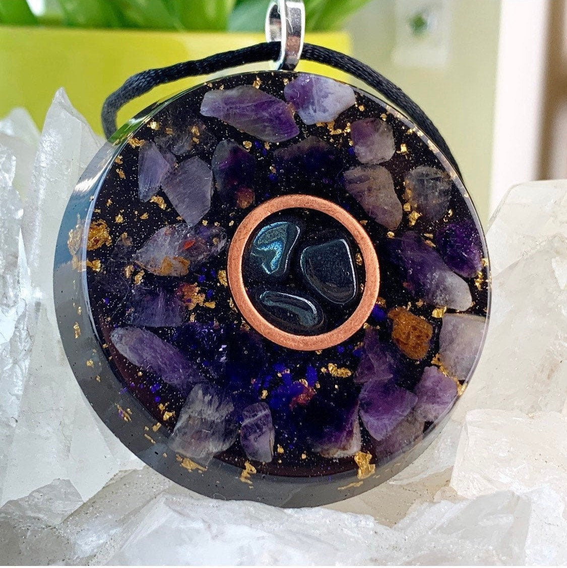 HEAVEN AND EARTH Orgonite® Pendant - Orgone Energy Necklace with Amethyst, Hematite and 24 Karat Gold