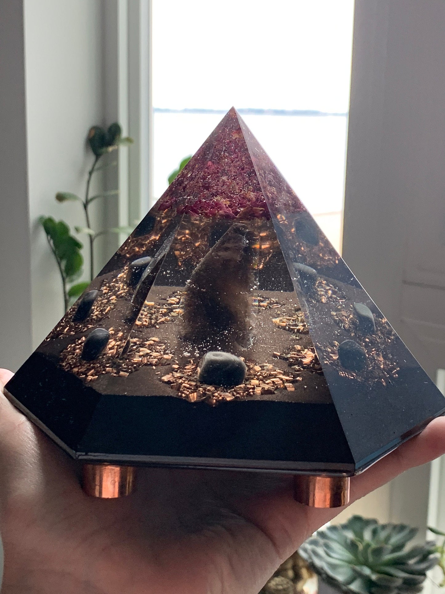 XL Orgonite® Pyramid with Black Tourmaline and Organic Rose Petals