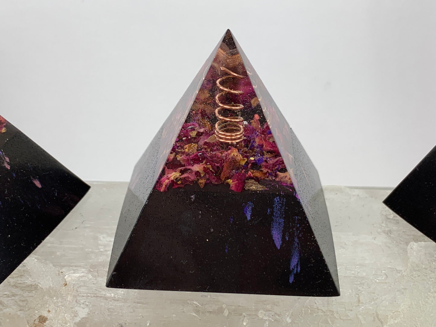 Orgonite® Pyramid with Smoky Quartz and Rose Petals