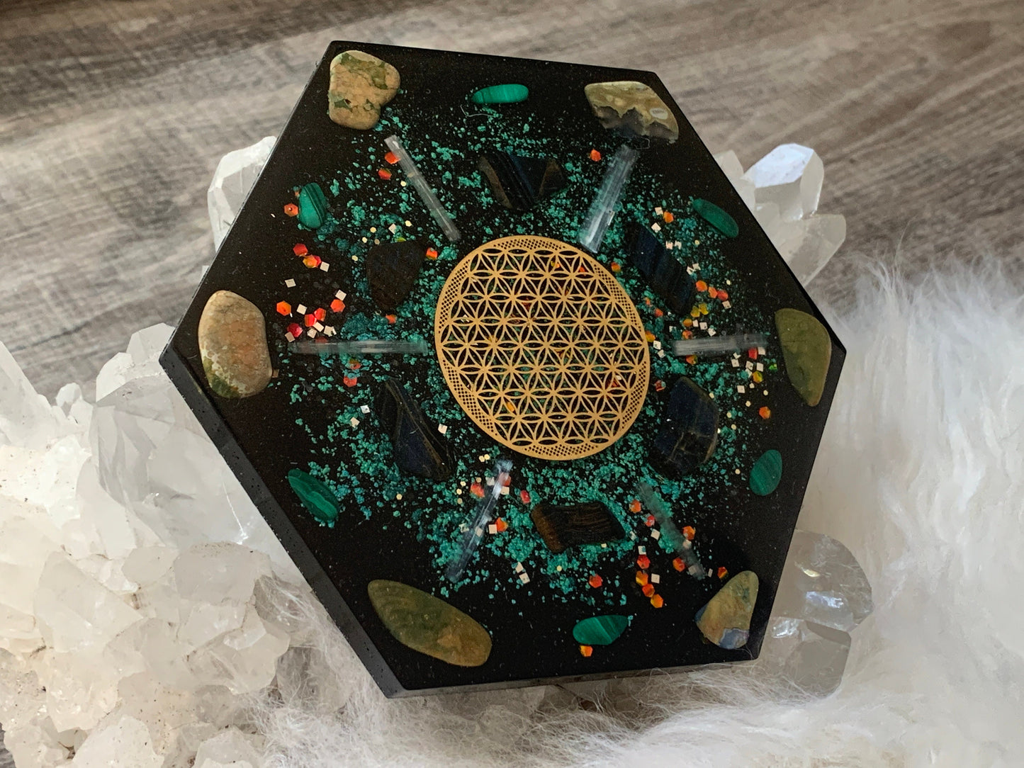 Orgonite® Charging Plate - Malachite, Forest Jasper, Blue Tigers Eye - Flower of Life