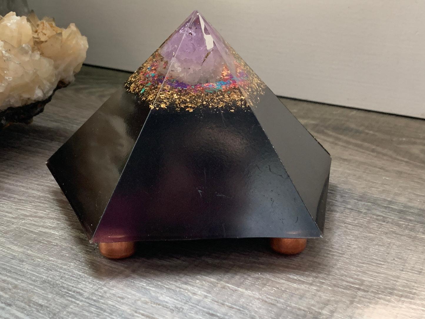 5 Sided XL Orgonite® Abundance Pyramid with Amethyst and 24 Karat Gold