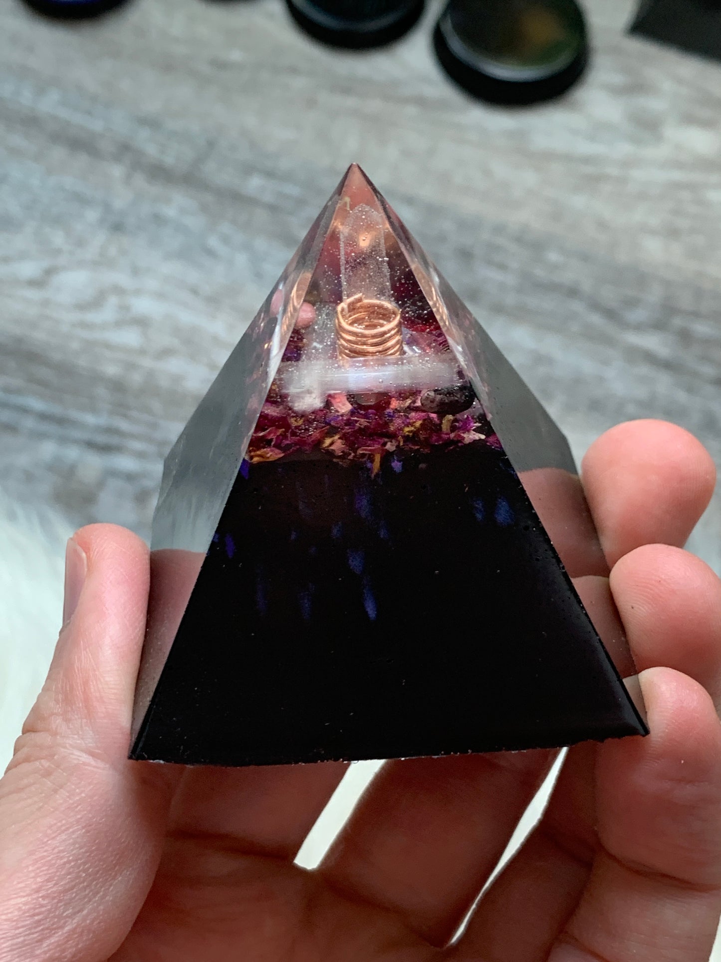 Dark Floral Selenite and Crystal Orgonite Pyramid