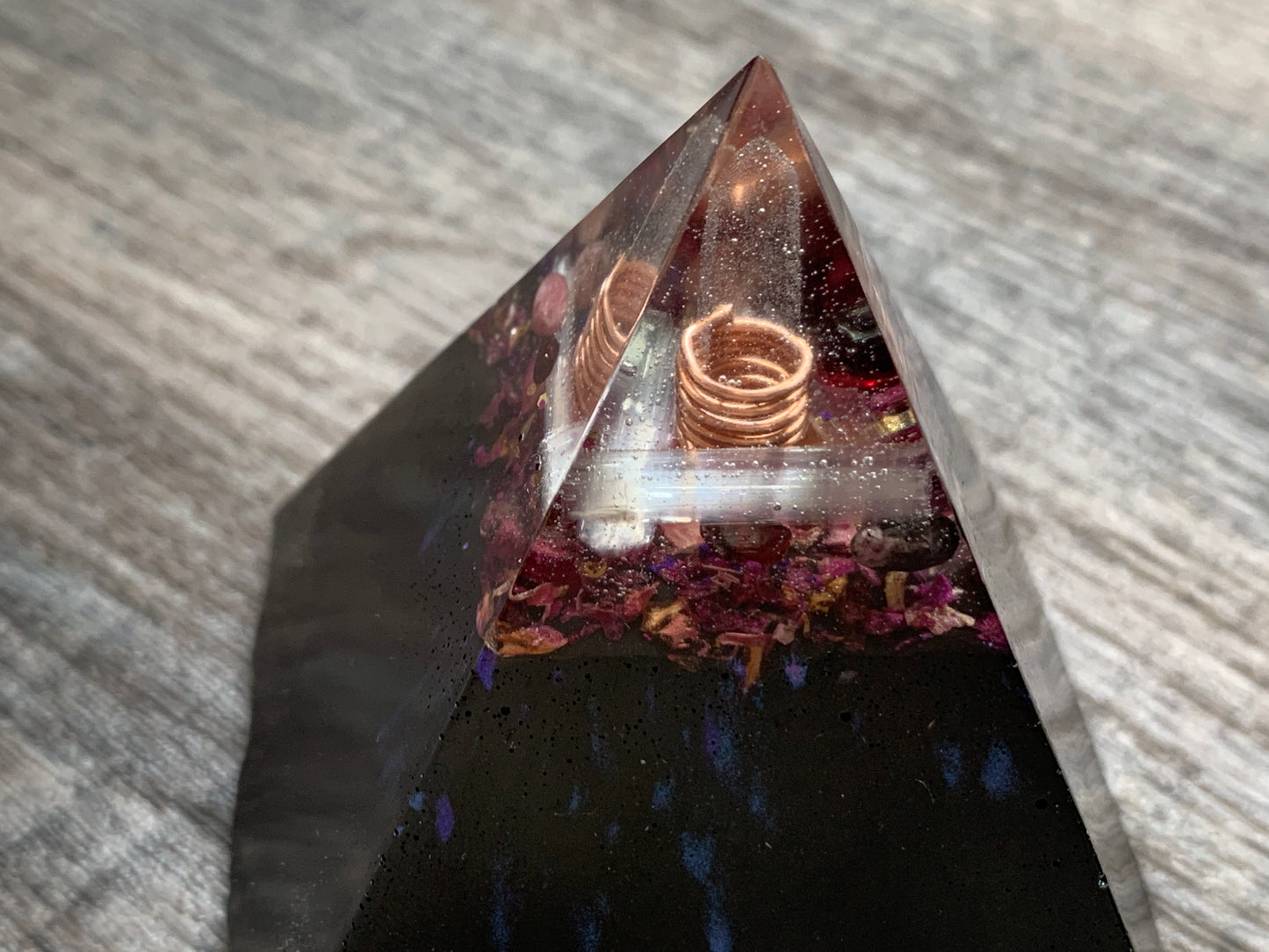 Dark Floral Selenite and Crystal Orgonite Pyramid