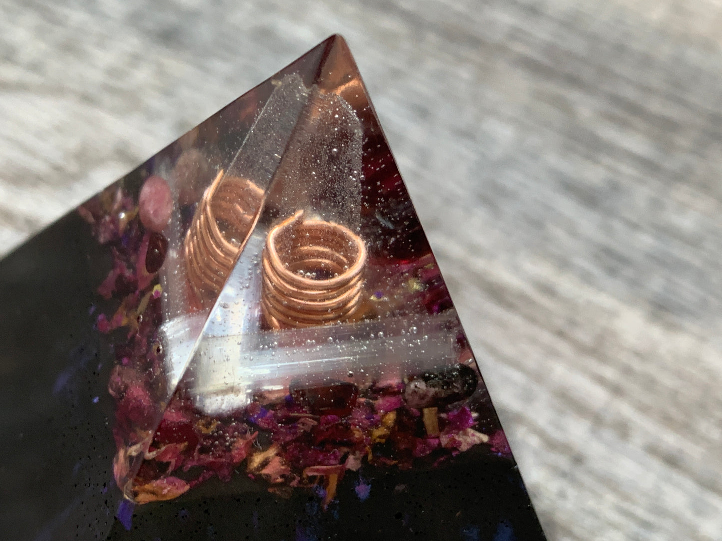 Dark Floral Selenite and Crystal Orgonite Pyramid