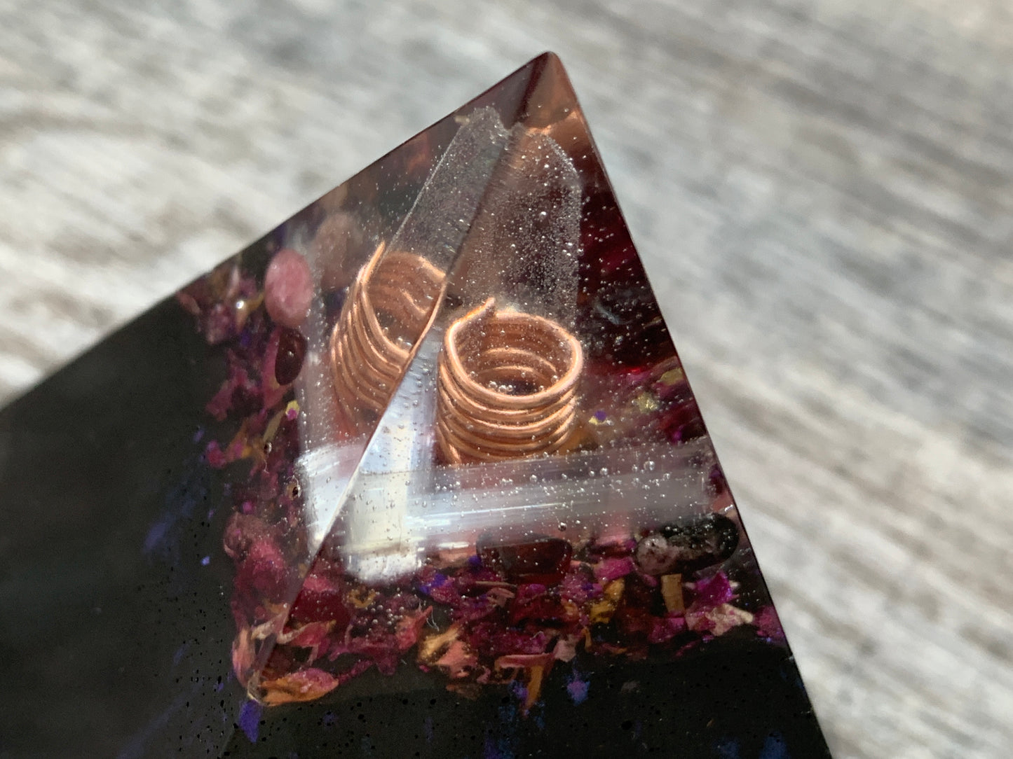Dark Floral Selenite and Crystal Orgonite Pyramid