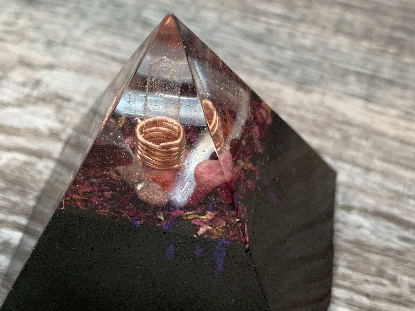 Dark Floral Selenite and Crystal Orgonite Pyramid