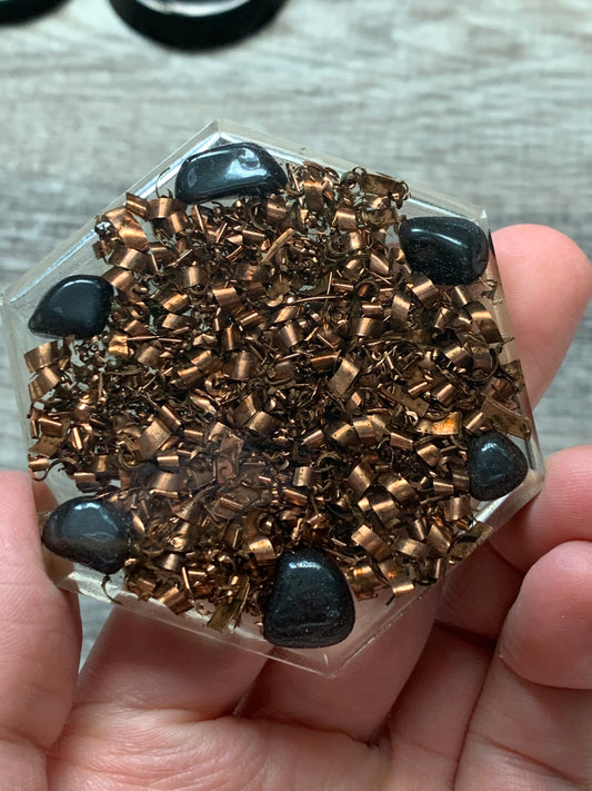 Clear Quartz, Copper and Hematite Orgonite Hexagon