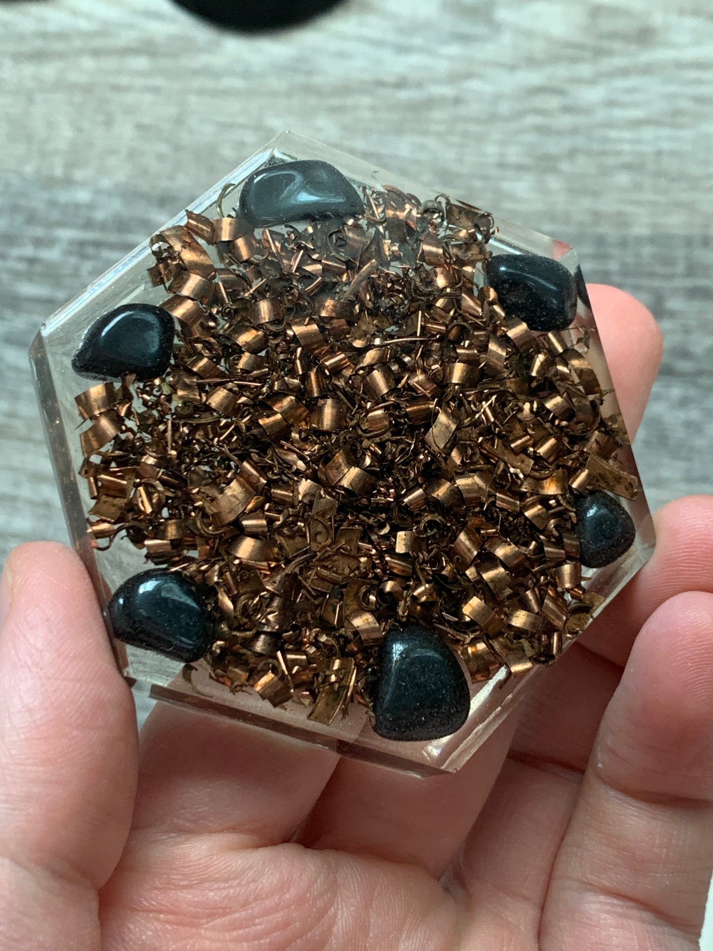 Clear Quartz, Copper and Hematite Orgonite Hexagon