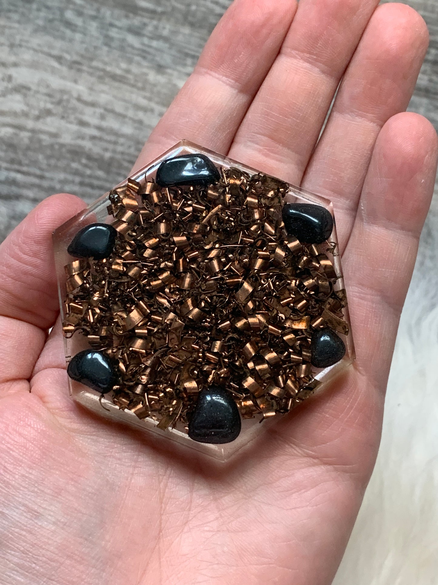 Clear Quartz, Copper and Hematite Orgonite Hexagon