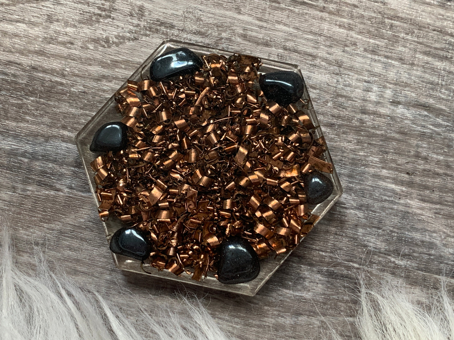 Clear Quartz, Copper and Hematite Orgonite Hexagon