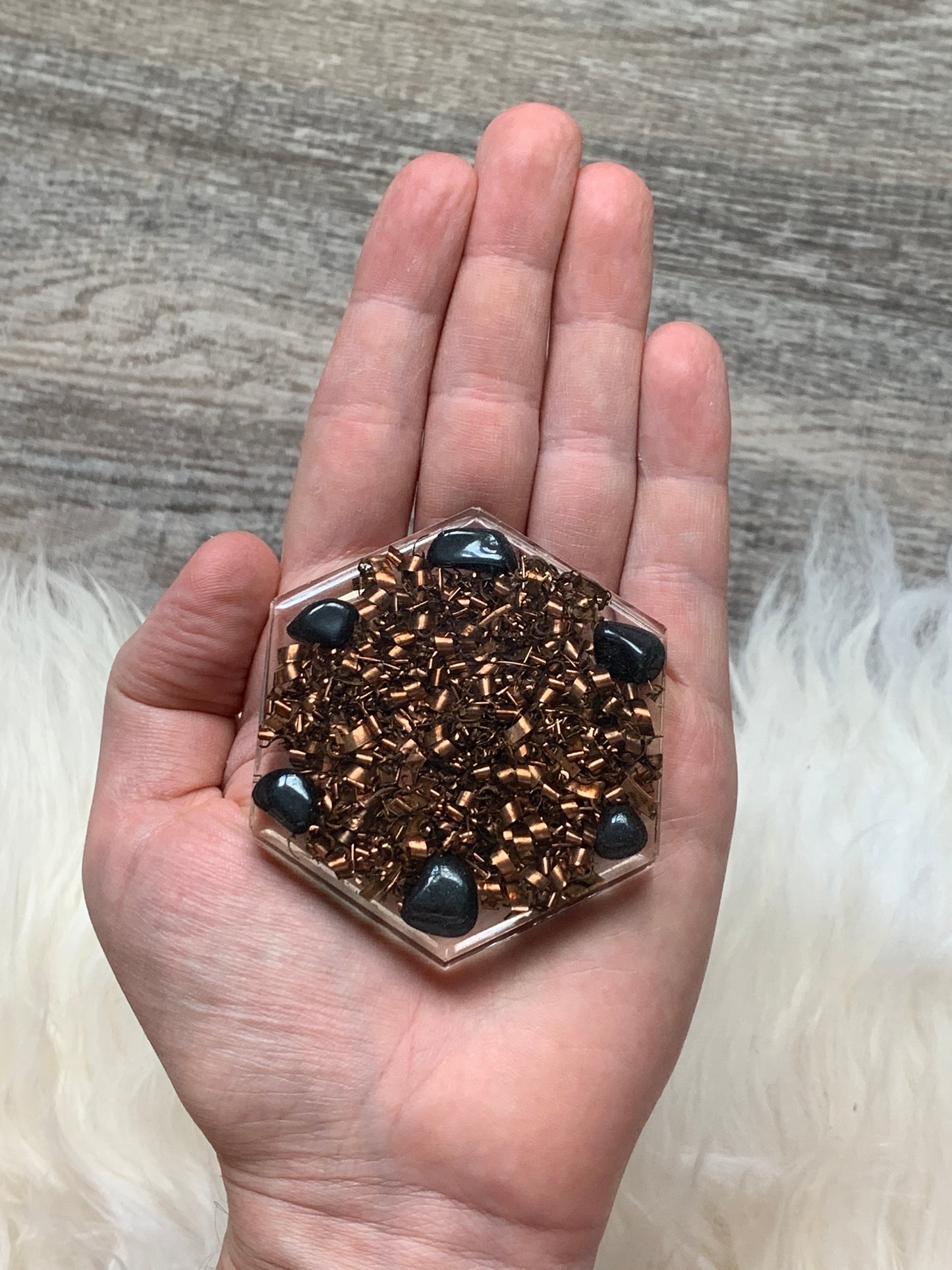 Clear Quartz, Copper and Hematite Orgonite Hexagon