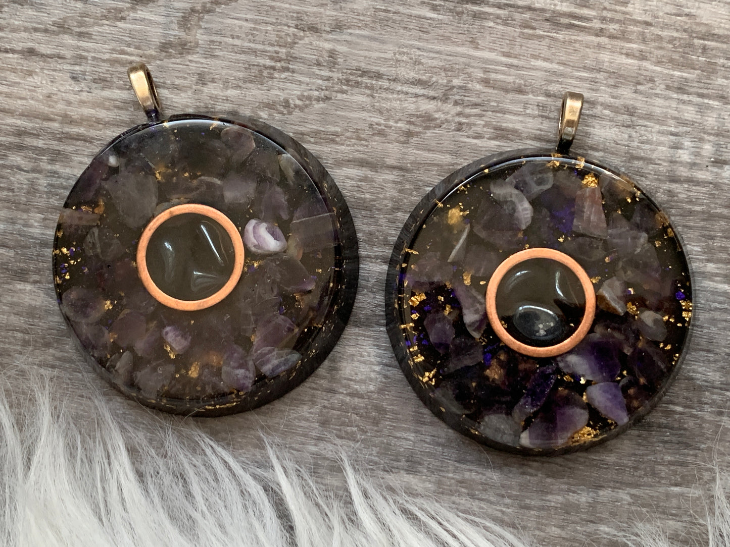 Amethyst + Hematite Copper Orgonite Pendant on 27" silk cord