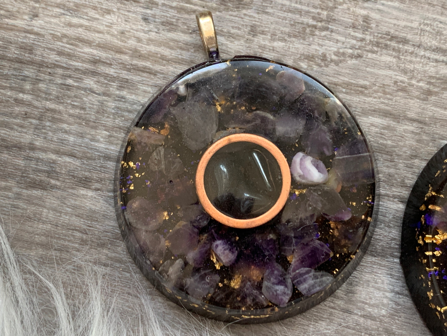 Amethyst + Hematite Copper Orgonite Pendant on 27" silk cord