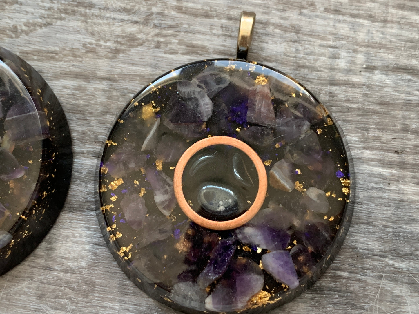 Amethyst + Hematite Copper Orgonite Pendant on 27" silk cord