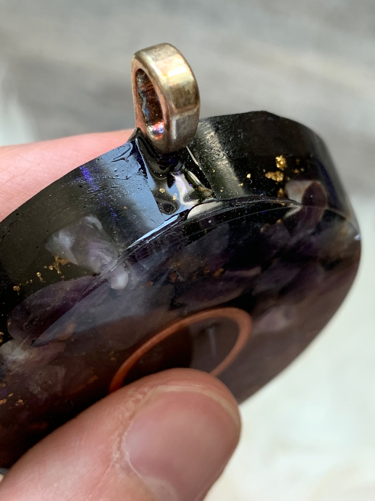 Amethyst + Hematite Copper Orgonite Pendant on 27" silk cord