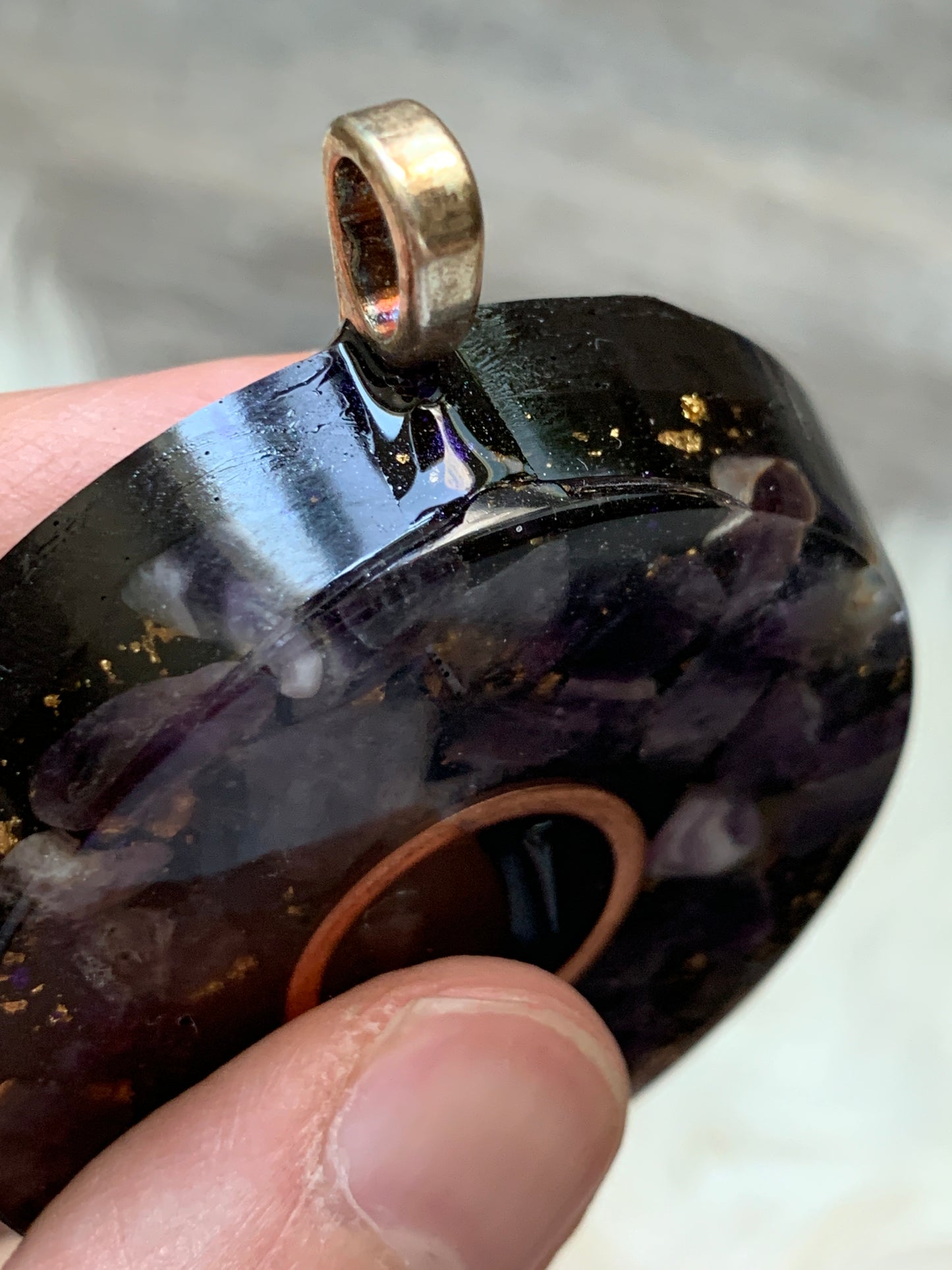Amethyst + Hematite Copper Orgonite Pendant on 27" silk cord