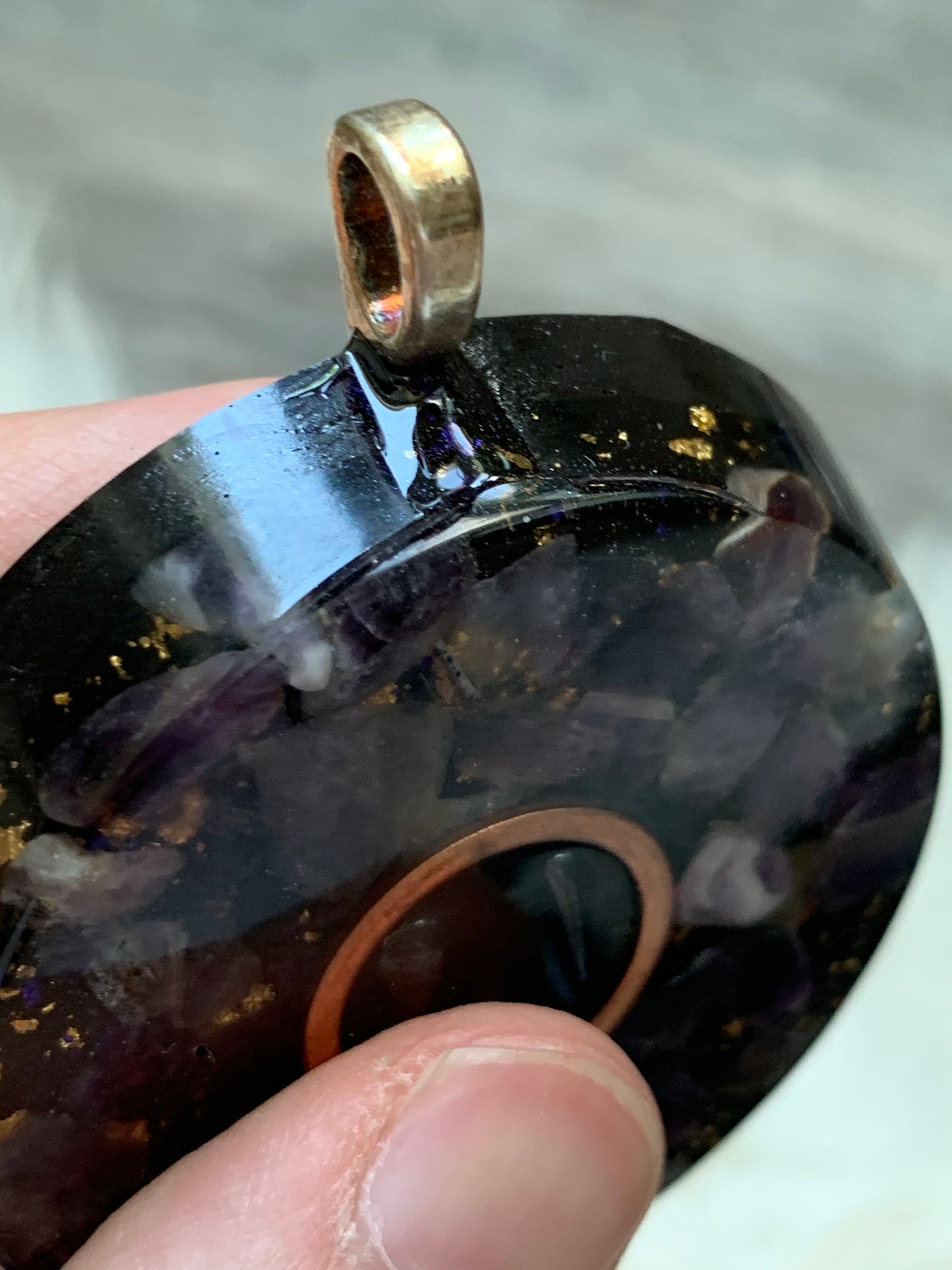 Amethyst + Hematite Copper Orgonite Pendant on 27" silk cord