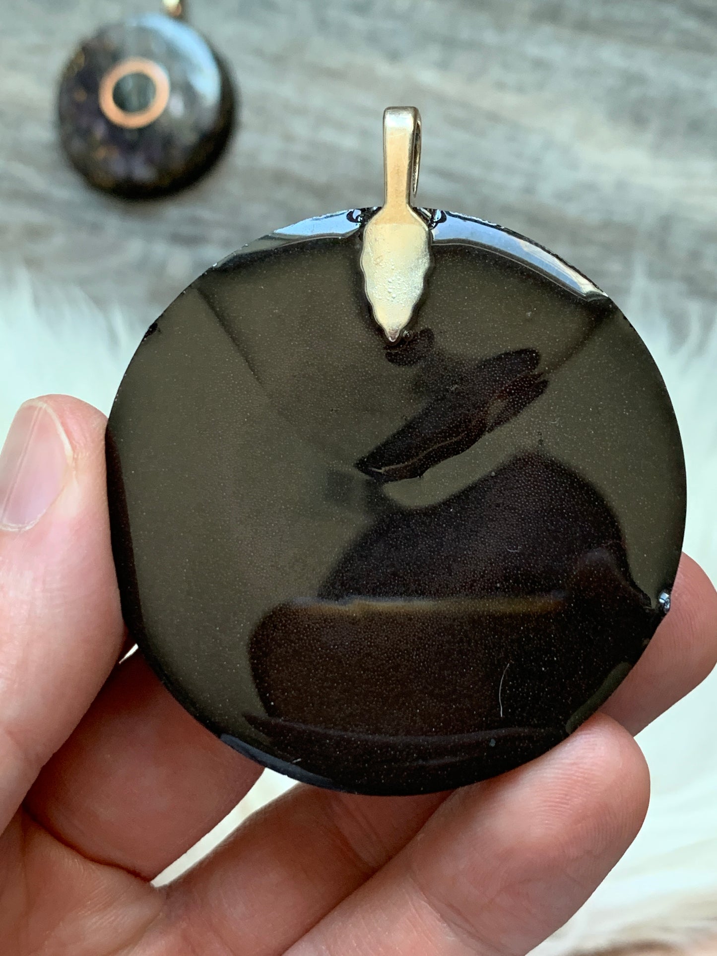 Amethyst + Hematite Copper Orgonite Pendant on 27" silk cord