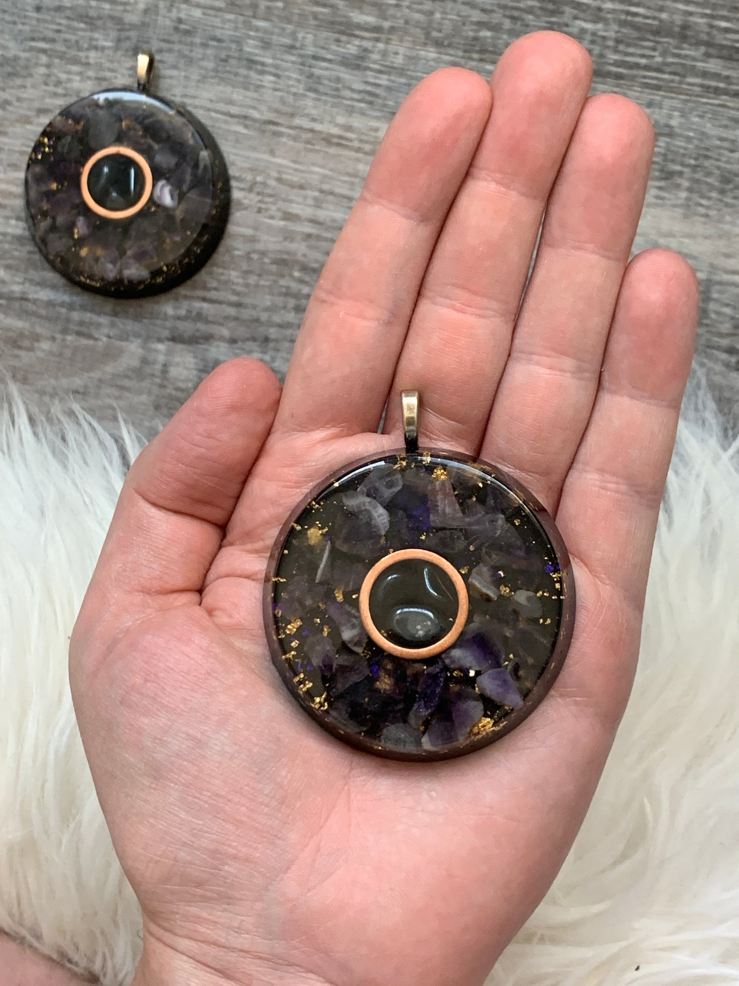 Amethyst + Hematite Copper Orgonite Pendant on 27" silk cord