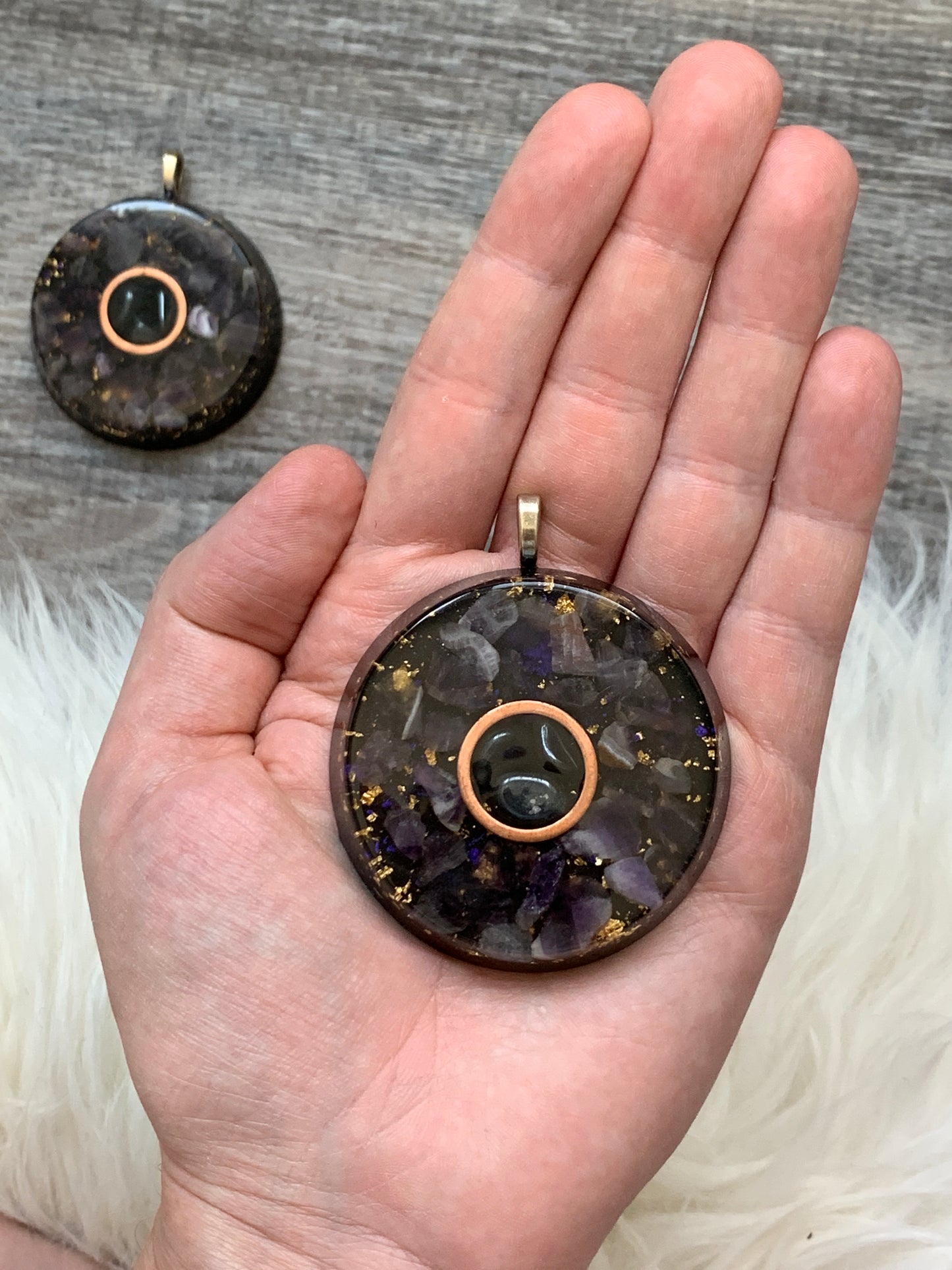 Amethyst + Hematite Copper Orgonite Pendant on 27" silk cord