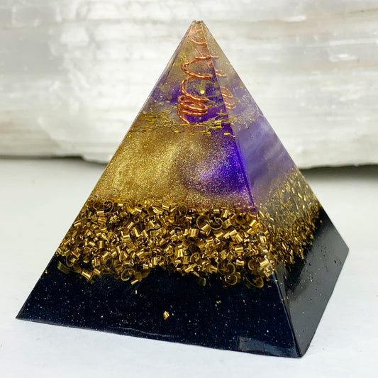 Orgonite® Pyramid - Purple and Gold Flame Orgone Generator® ~ Solar Plexus Crystal Energy ~ Sacred Ray 6