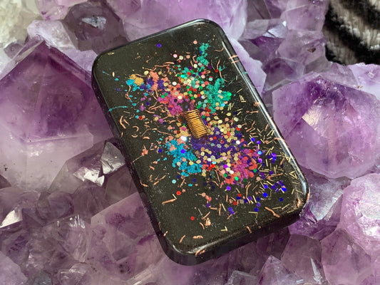 Orgonite® Cell Block - RAINBOW COLOR SPLASH Cell Phone Emf Shield - Orgone Generator® with 24 Karat Gold