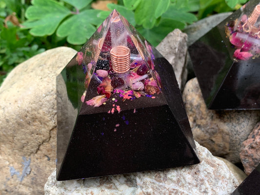 Orgonite® Pyramid with Selenite and Rose Petals