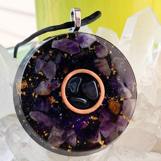 HEAVEN AND EARTH Orgonite® Pendant - Orgone Energy Necklace  with  Amethyst, Hematite and 24 Karat Gold