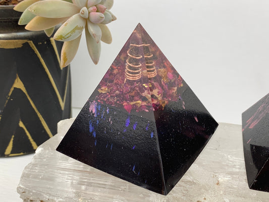 Orgonite® Pyramid with Smoky Quartz and Rose Petals