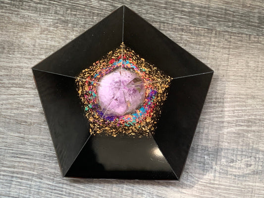 5 Sided XL Orgonite® Abundance Pyramid with Amethyst and 24 Karat Gold